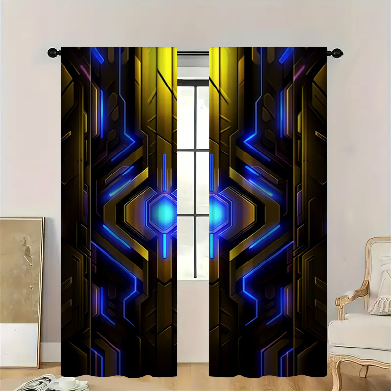 Tech Office Youtube - 2pcs Geometric Tech Curtains with Rod